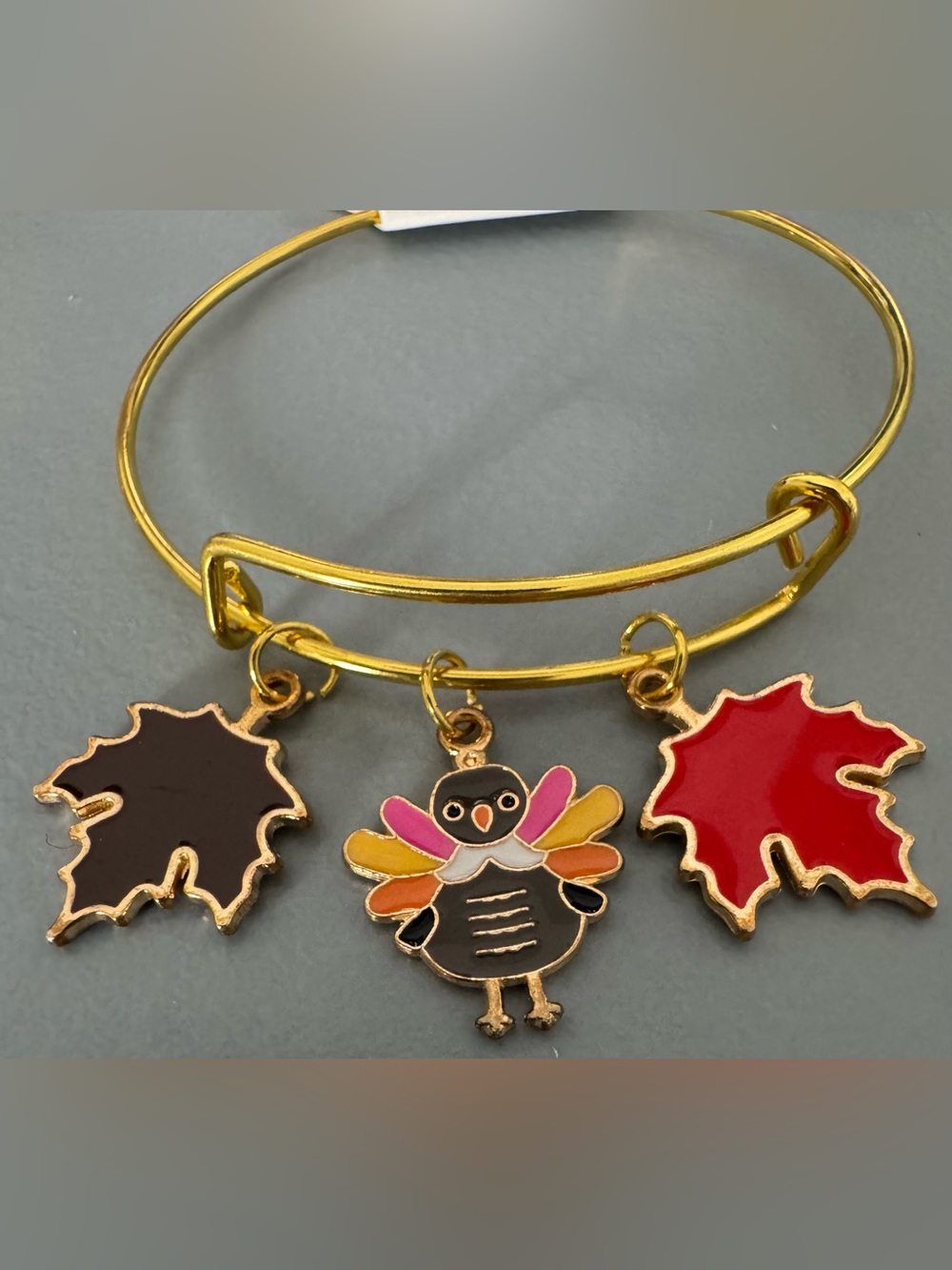 Gold-Tone Fall Turkey & Leaf Charm Bangle Bracelet Thanksgiving